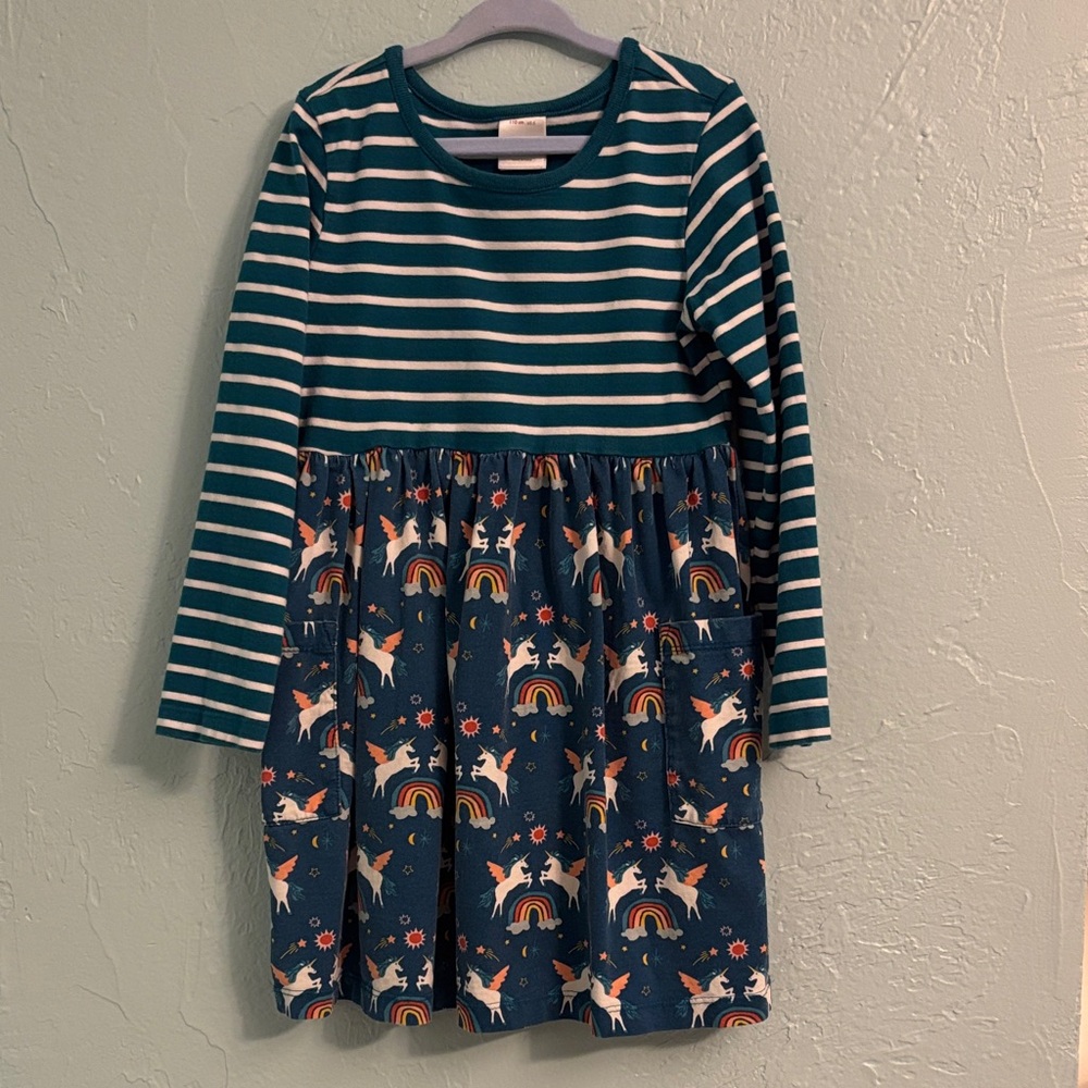 Hanna Andersson Teal Striped Dress with Rainbow and Animal Print